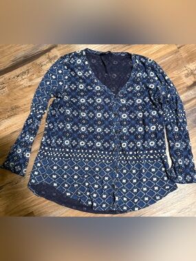 Lucky Brand Navy and White Printed Button-Down Blouse